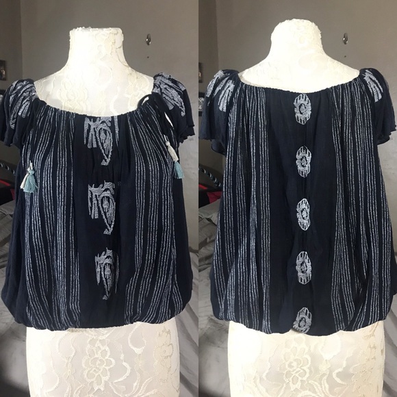 Free People Navy Embroidered Balloon Festival Top - Picture 2 of 7